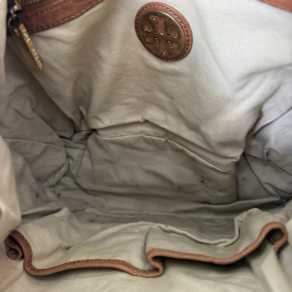 Tory Burch Green Nylon Leather Backpack Zippered Drawstring